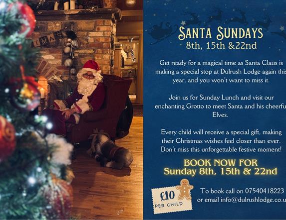 Santa Claus sitting in a chair at a 'Santa Sunday Lunch' event, where children can meet him. A festive sign or text beside him reads 'Santa Sunday Lun