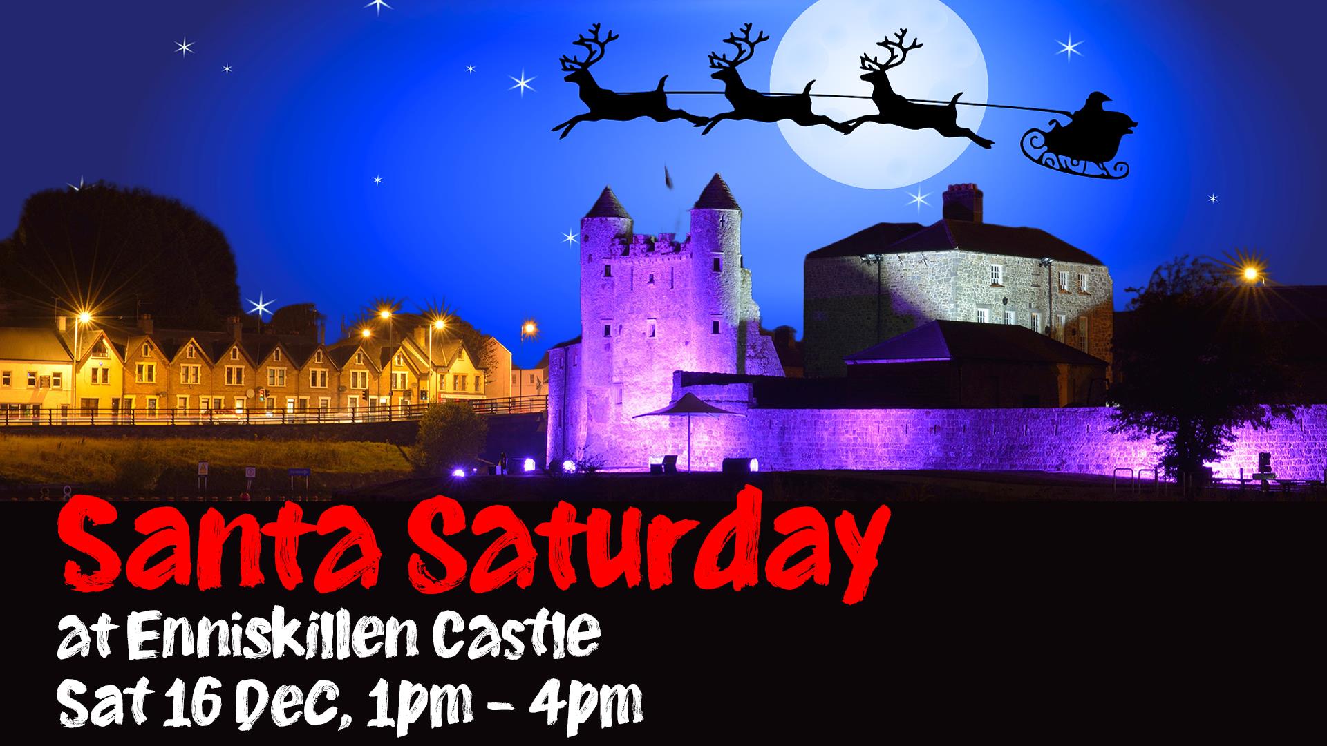 Santa's sleigh and reindeers flying over Enniskillen Castle & Watergate