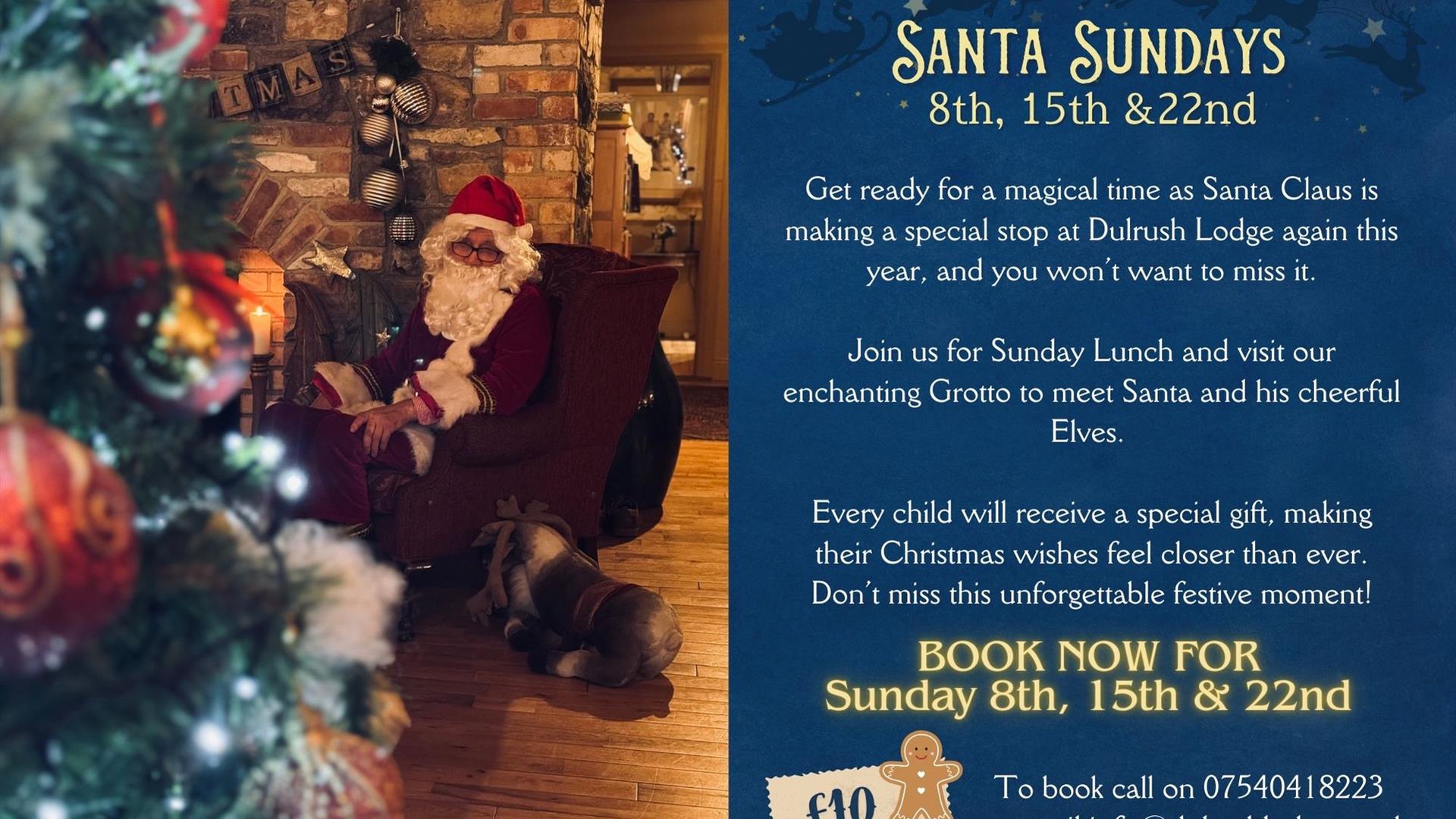 Santa Claus sitting in a chair at a 'Santa Sunday Lunch' event, where children can meet him. A festive sign or text beside him reads 'Santa Sunday Lun