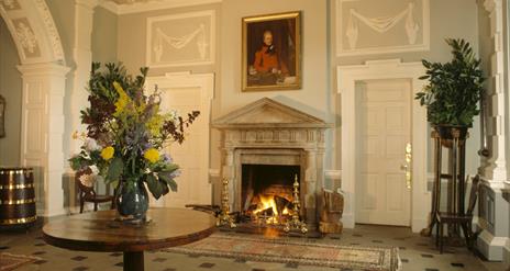 The Entrance Hall at Florence Court, Co Fermanagh, Northern Ireland, showing the doric stone chimney piece with triglyphs and pediment and the rustica