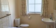 Picture of bathroom showing velux window, toilet, shower and the edge of the sink